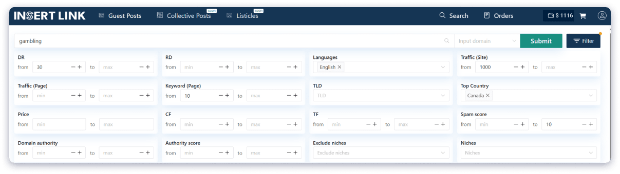 Use 20+ filters to sort by SEO strength